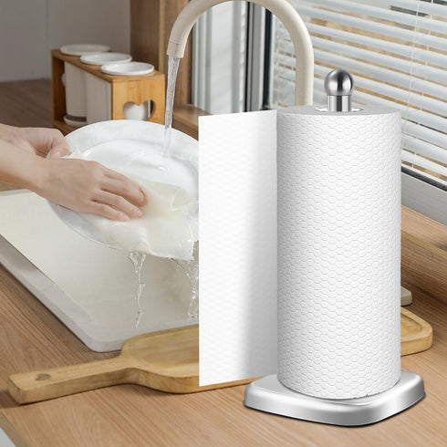 DAWNER Paper Towel Holder Countertop with Weighted Suction Cup Base, Stainless Steel Freestanding Stand for Kitchen