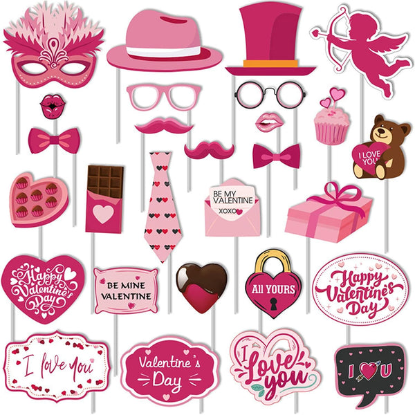 Valentines Day Photo Booth Props Kit, 28PCS Funny DIY Picture Selfie Accessories for Wedding Party Birthday Decor