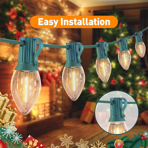 C7 12FT 12 C7 Bulbs, LED Christmas & Halloween Lights - Outdoor Clear String Lights with Vintage Warm White Hanging
