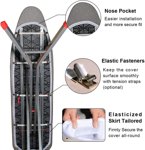 Dalykate 15x54 Ironing Board Cover and Pad - Elastic Edge, Scorch and Stain Resistant Thick Padding with Fasteners