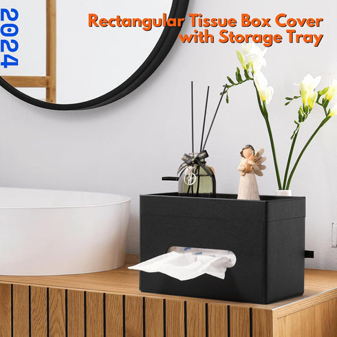 Rectangular Leather Tissue Box Cover with Storage Tray, Black Facial Tissue Holder for Bathroom, Office, Night Stand
