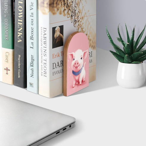 1 Pair/2 Pieces(5x3.1 Cute Pink Pig Book Ends Decorative Wood Bookends for Shelves Kids Room Desk Home Office Book
