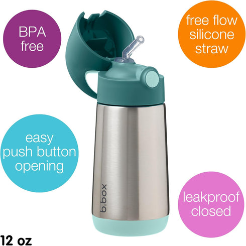 12 oz 8 12m+ b.box Insulated Water Bottle - Kids Water Bottle Stainless Steel w/Free Flow Silicone Straw, Toddler Cups