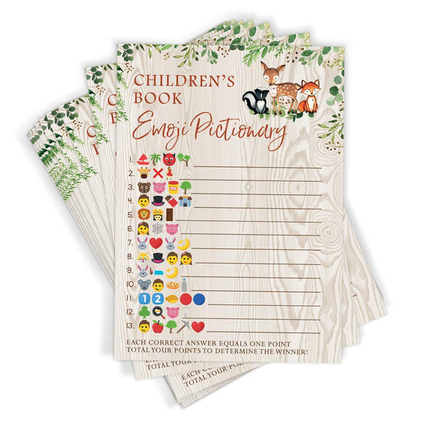 Printed Party Baby Shower Games, Children's Book Emoji Game for Boy or Girl, Woodland Forest Animals Theme, 50 Cards