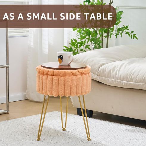 Wimarsbon Vanity Stool with Storage, Faux Fur Ottoman Chair with Metal Legs, Round Makeup Vanity Chair for Bedroom