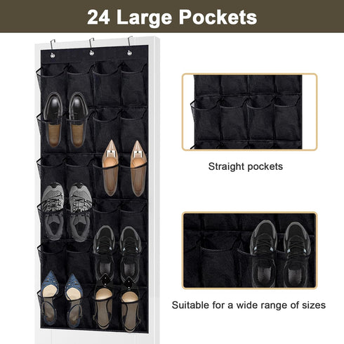 Over the Door Shoe Organizer - Black Mesh Organizer with 24 Pockets and Hooks for Space Saving Shoe Storage