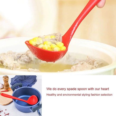 Silicone Soup Ladle Spoon Set of 2, Nonstick Heat Resistant, Long Handle, Big Round Scoop, Red and Black