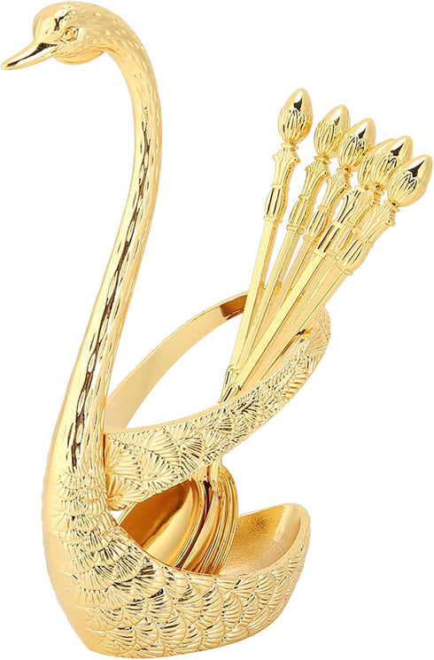6pcs Coffee Spoon Set, Stainless Steel Mini Dessert Teaspoons with Swan Base Holder, Gold