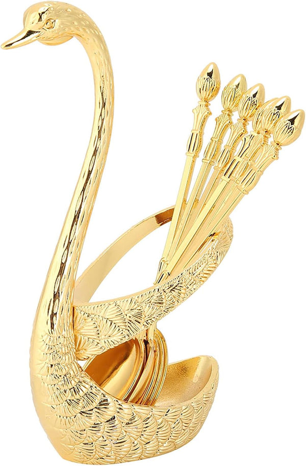 6pcs Coffee Spoon Set, Stainless Steel Mini Dessert Teaspoons with Swan Base Holder, Gold