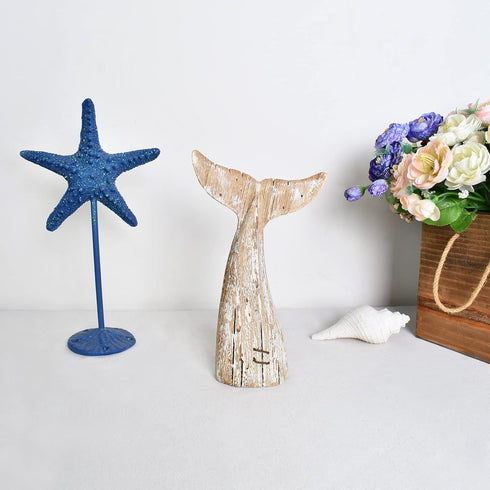 Nautical Home Decor - Wood Whale Tail Tabletop Statue, Decorative Rustic Sculpture for Ocean Beach Bathroom Shelf (8.5"