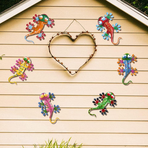YEAHOME 6 Pack Metal Geckos Inspirational Wall Art, Mexican Outdoor Decor for Farmhouse, Porch, Lawn, Fence