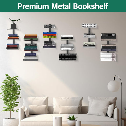 2 Pack 6 Invisible Floating Bookshelf for Wall Mounted, Black Spine Book Tower, Tier Vertical Book Organizers, Heavy