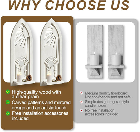 Set 2, Wood Wall Sconce Candle Holder of Rustic Wall-Mount Mirrored Candle Holders, Carved Wood Frame Farmhouse Hanging