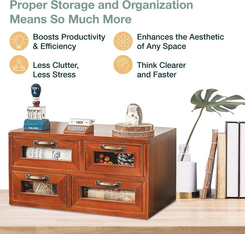 Store and Display Wooden Desk Top Organizer Cabinet, Mahogany Wood Chest with 4 See-Through Drawers