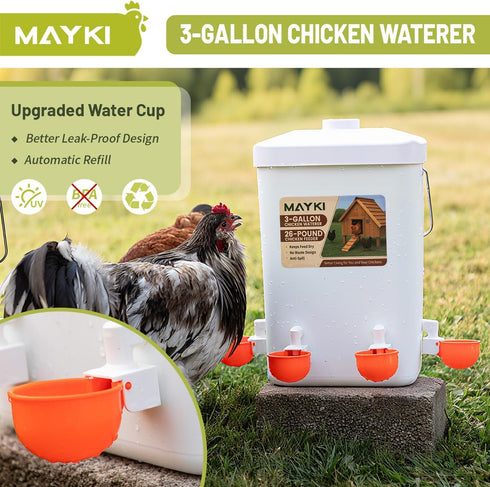 Set, 3 Gallon/26 LB 10 MAYKI Chicken Feeder and Waterer No Waste Poultry Feeding System with Hanging Option, Automatic