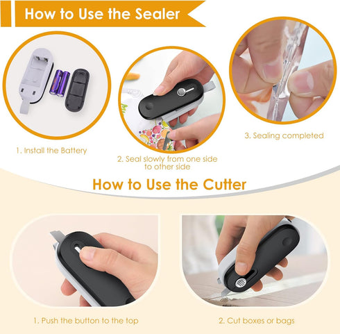 FEPPO Mini Bag Sealer, 2 in 1 Heat Sealer with Cutter, Portable Resealer Machine for Food Storage Snacks
