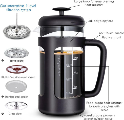 Easyworkz French Press 34 oz Coffee Tea Maker with Borosilicate Glass, Soft Grip Handle