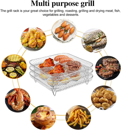 8" Air Fryer Rack for Air Fryer, Stainless Steel Three-Layer Rack with Food Clip, Fits 5.8QT - 6QT Air Fryers