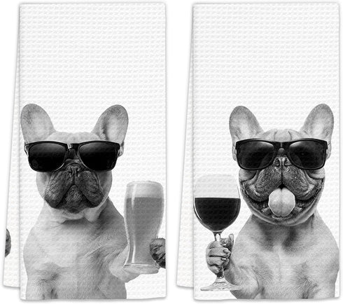 French Bulldog Gifts Wine Kitchen Towels Set of 2, Funny French Bulldog
