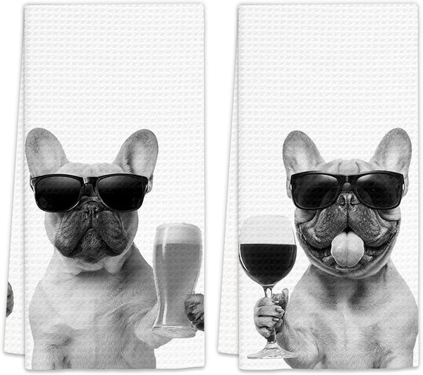 French Bulldog Gifts Wine Kitchen Towels Set of 2, Funny French Bulldog