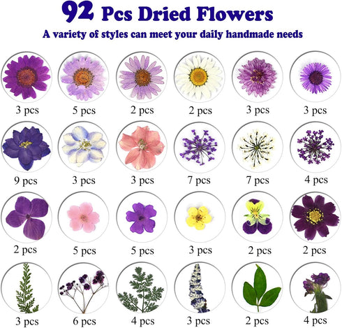 92 Pcs Purple Dried Pressed Flowers Real Natural Leaves Petals for DIY Resin Candle Jewelry Nail Crafts