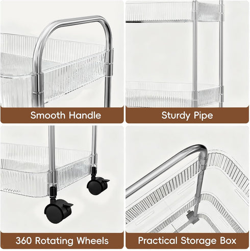 3 STARLATTA Tier Rolling Cart with Lockable Wheels, Clear Acrylic Utility Trolley with Handle, Heavy-Duty Storage