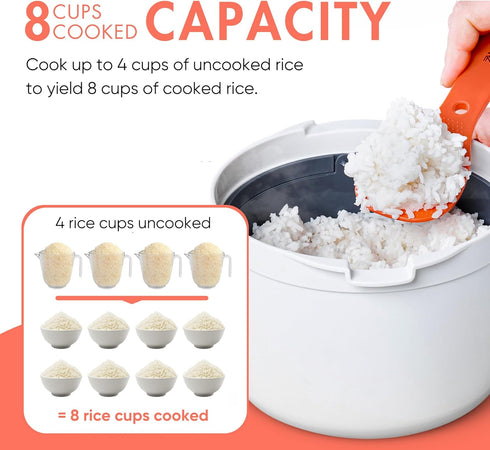 Microwave Rice Cooker Steamer and Pasta Cooker with Strainer - Mess-Free Design, Dishwasher Safe, Cooks 8 Cups