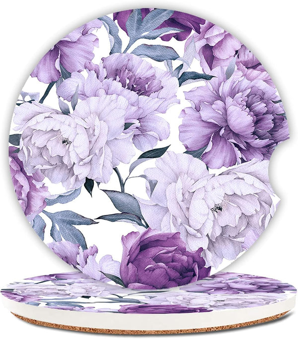 Purple Floral Cup Holders Car Coasters Set, Pretty Design to Keep Cup Holders Clean, Pack of 2