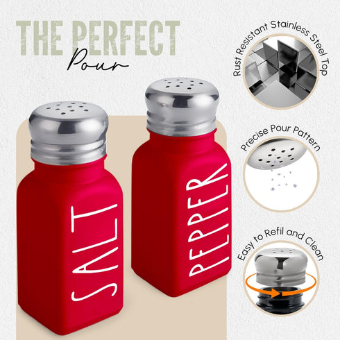 Red Salt and Pepper Shakers Set by Brighter Barns, Modern Farmhouse Kitchen Decor with Stainless Steel Lid