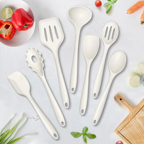 TeamFar 7-Piece Silicone Cooking Utensils Set, Heat Proof Kitchen Tools for Nonstick Cookware, White