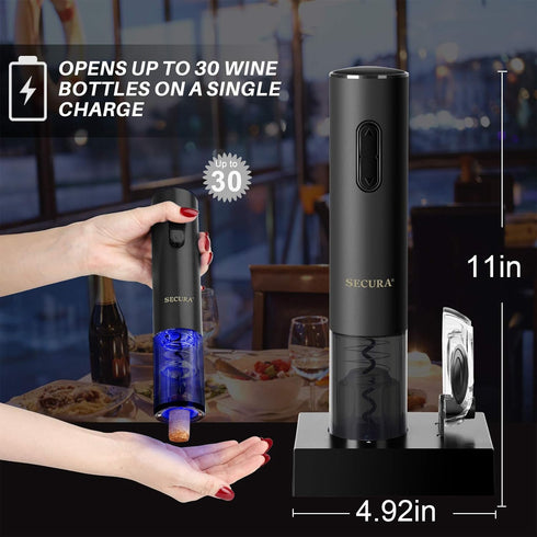 Secura Automatic Electric Wine Opener, Rechargeable Corkscrew with Foil Cutter (Black)