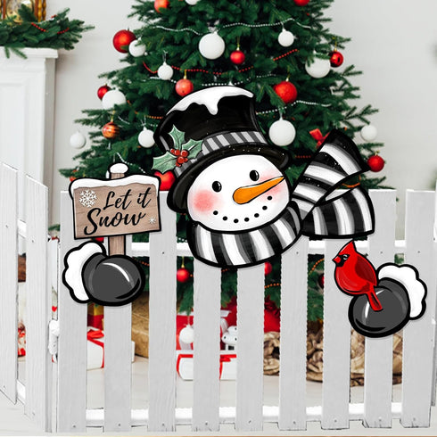 Winter Snowman Cardinal Fence Peeker Yard Garden Signs Let It Snow Red Bird Tree Topper Ornaments