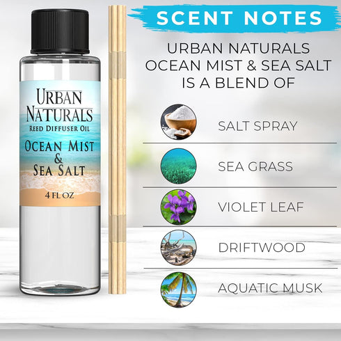 Urban Naturals Ocean Mist & Sea Salt Scented Oil Reed Diffuser Refill, 4 oz, Includes Reed Sticks