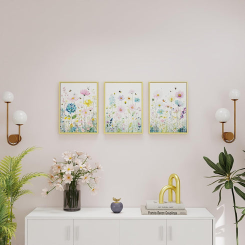 Set 3 ELSKER&HOME Framed Wall Art of Flower Pictures Wall Decor,Floral Wildflower Wall Art Canvas,Bathroom Wall Decor