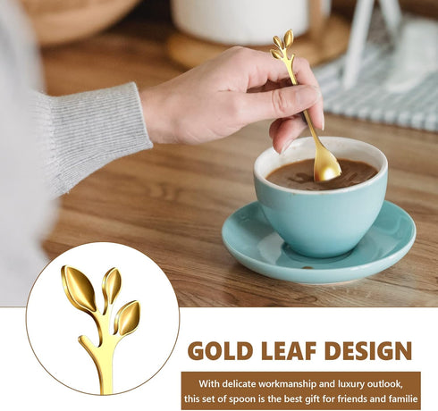 Leaf Coffee Spoons, Mini Serving Tongs, Appetizer Forks, Stainless Steel Dessert Spoons for Coffee Tea (20, Gold)
