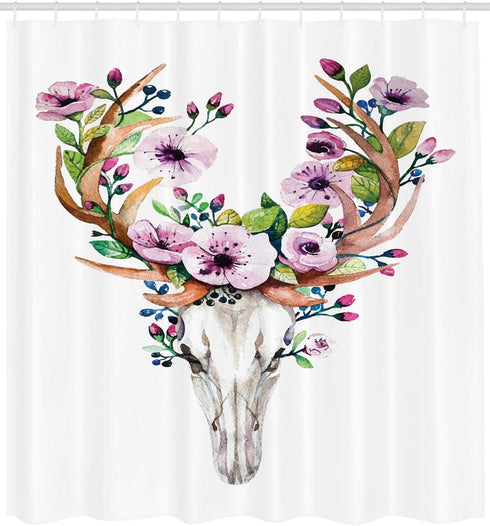 Ambesonne Skull Shower Curtain, Deer Animal Skull with Floral Horns, 69" W x 70" L, Brown Purple, Cloth Fabric Bathroom