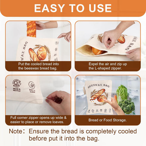 Nedsewor 2 Pack Reusable Beeswax Bread Bags for Sourdough, Cotton Bread Bag with Wide Zipper Opening & Handle, Large
