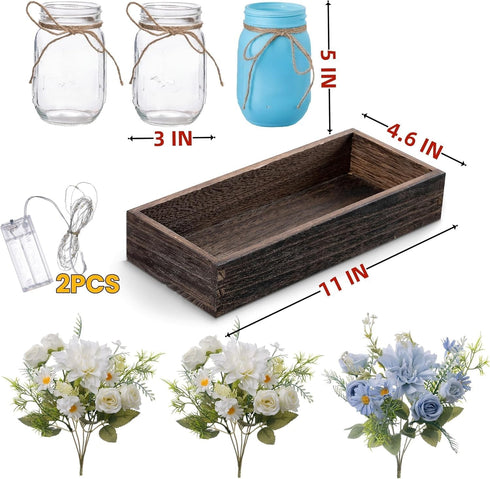 3PCS LUEUR Artificial Flowers Blue Dahlia in Mason Jars with Wood Tray for Dining Table Coffee Table Farmhouse Home