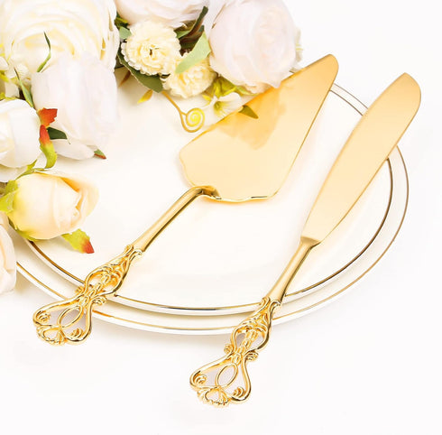 Cake Knife and Server Set for Wedding, Gold Cake Cutting Set, Elegant Knives Cutter Set, Pie Servers, Bridal
