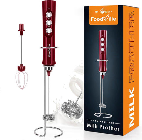 MF02 Rechargeable Milk Frother Handheld Foam Maker with Stainless Whisk for Cappuccino, Viva Red