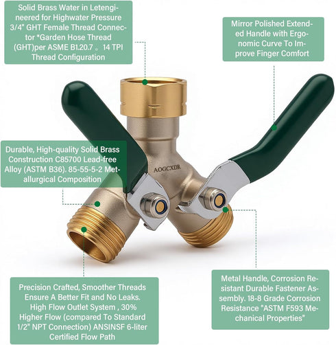 AOGCXDR 2 3/4 Inch Brass Garden Hose Splitter Way Heavy Duty Adapter, Y Splitter with Shutoff Valve Outdoor Faucet
