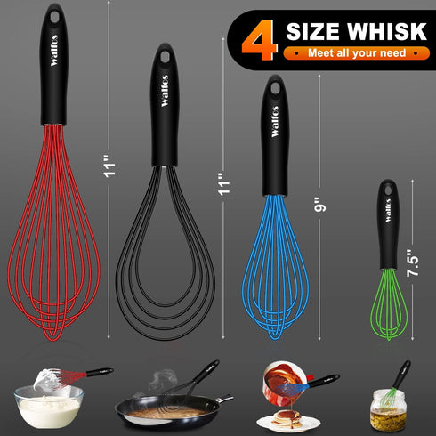 Walfos Silicone Whisk Set of 4, 11in Flat Whisk & 7+9+11in Balloon Whisks, Non-Scratch, Dishwasher Safe, Colorful