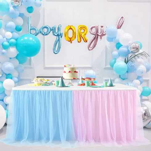 Suppromo 6ft Pink and Blue Tulle Table Skirt for Gender Reveal Baby Shower Party Decorations