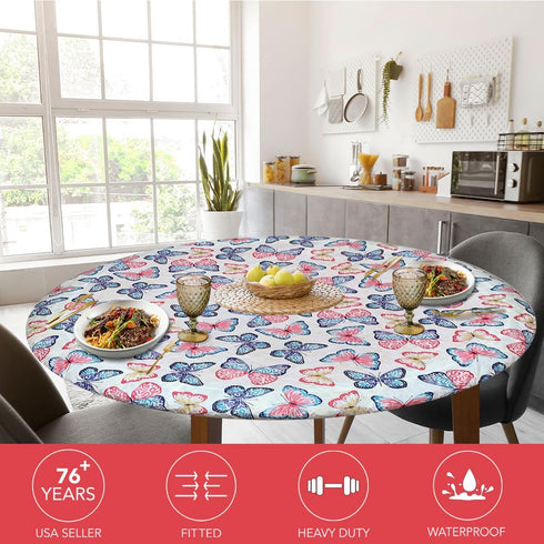 Covers For The Home Deluxe Elastic Edged Vinyl Fitted Table Cover, Butterfly Pattern, Large Round