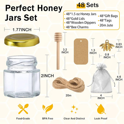 48 Pack 1.5 oz Aliggbent Mini Honey Jars Party Favors in Bulk, Small Hexagon Glass Honey Jars with Dippers, Gold Lids