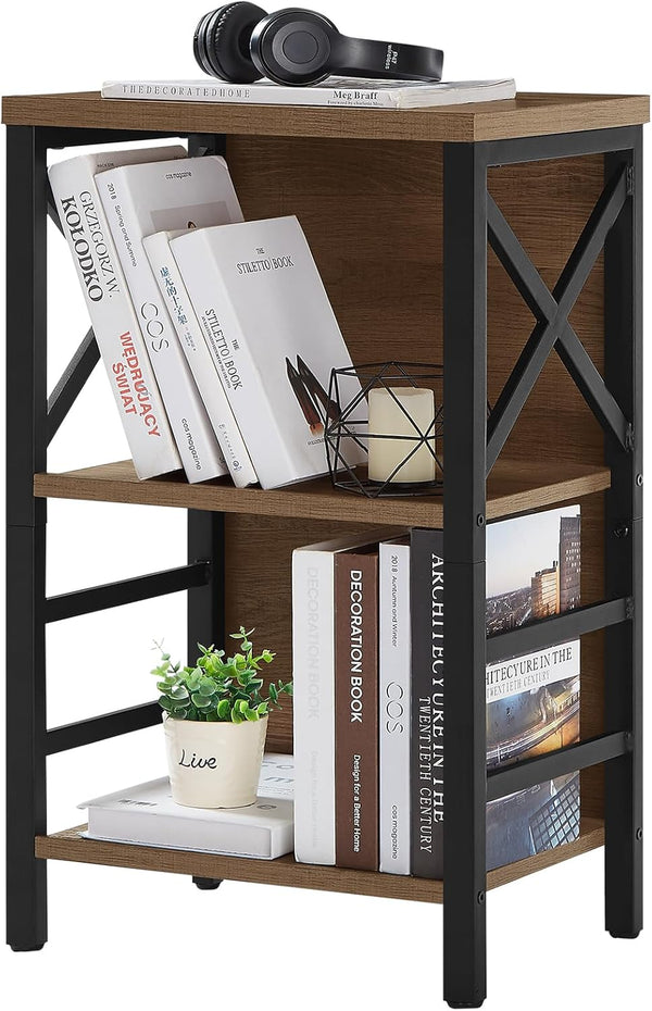 Small Bookcase, 3 Tier Industrial Short Bookshelf with Metal Frame, Rustic Brown Low Bookshelf for Small Spaces