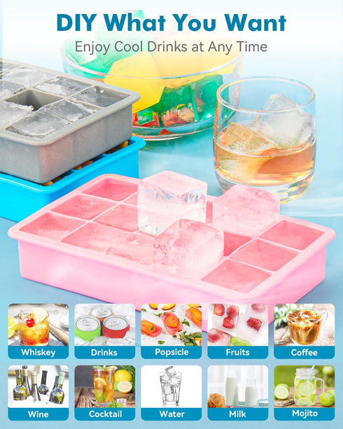 ZDPMK 2 Pack Silicone Ice Cube Trays, Flexible Molds for 15 Ice Cubes, Reusable & BPA Free for Freezer, Cocktail,