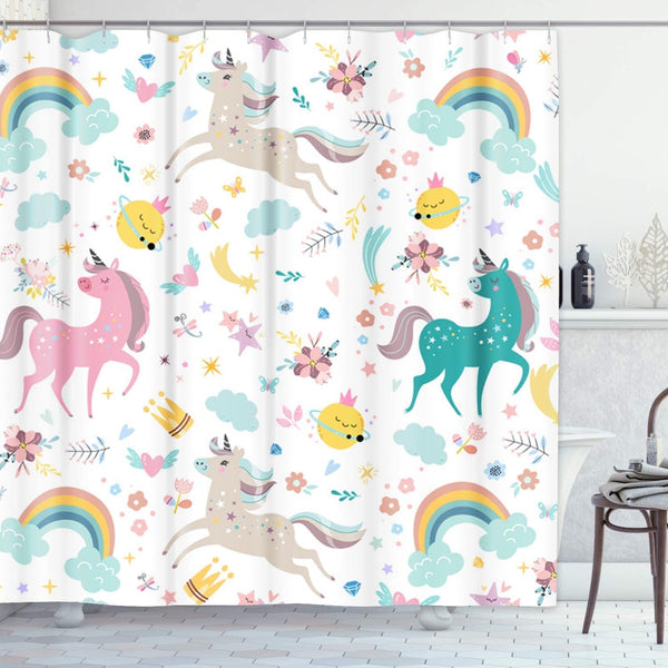Emvency Shower Curtain - Kids Rainbow Blue Pattern Unicorns, Pink Baby Girl, Waterproof Polyester Fabric