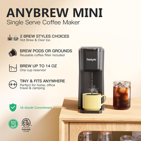 6 14 Oz (2.0 Tastyle Mini Hot and Iced Coffee Maker Single Serve, for K Cup and Ground, to Brew Sizes, with Recipe