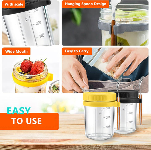 Set 2 12oz Overnight Oats Containers with lids and spoon of Jars Airtight Container with Measurement Marks, Reusable On
